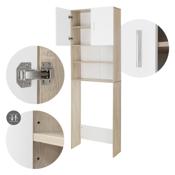 ECD Germany Waschmaschinenschrank mit 2 Türen und 2 offenen Fächern, 190x62,5 cm, Weiß/Sonoma-Eiche, Badezimmerschrank für Waschmaschine/Trockner, Hochschrank Badschrank Badregal Waschmaschinenüberbau