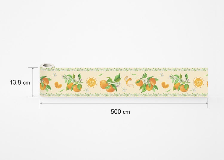 Tapetenbordüre mit Orangen- und Blütenmuster, 13,8 Zentimeter hoch und 500 Zentimeter lang.
