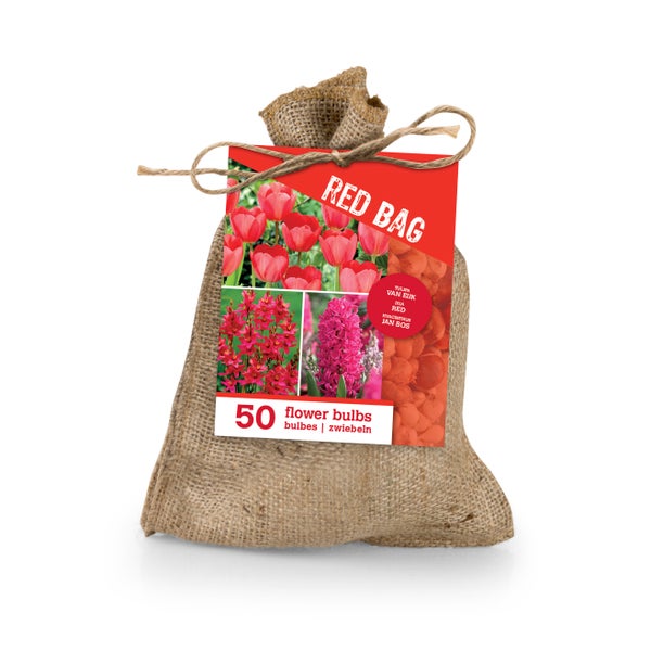 Jutesack mit 50 roten Blumenzwiebeln, Mischung aus Tulpen, Ixia und Hyazinthen.