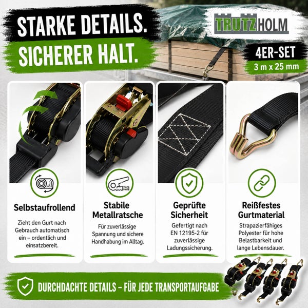 Trutzholm Zurrgurte Set mit 4 selbstaufrollenden Ratschengurten, 3 Meter lang, 25 Millimeter breit, für sichere Ladungssicherung mit Metallratsche.