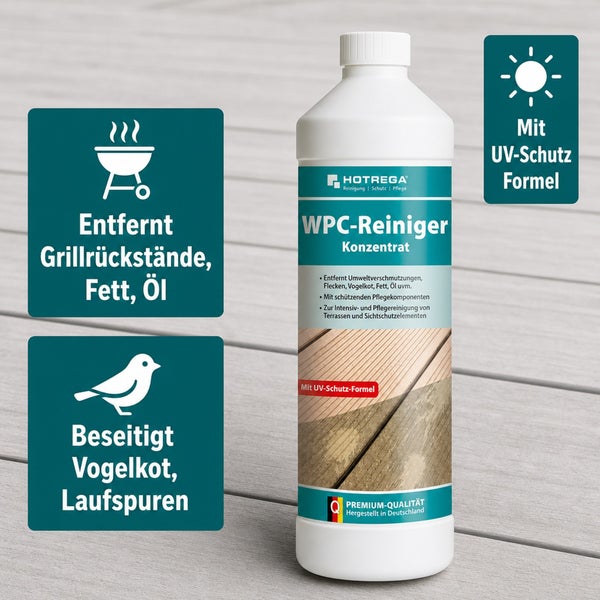 Hotrega WPC Reiniger Konzentrat zur intensiven Reinigung und Pflege von Terrassen und Sichtschutzelementen mit UV Schutz Formel.