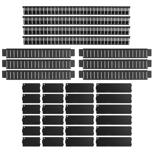 Schwarzes Schubladentrenner-Set mit geschlitzten Schienen und Trennelementen zur individuellen Facheinteilung.