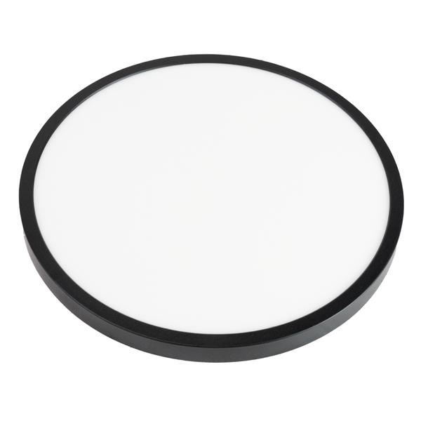 Runde flache LED Deckenleuchte mit schwarzem Rahmen und weißem Diffusor.