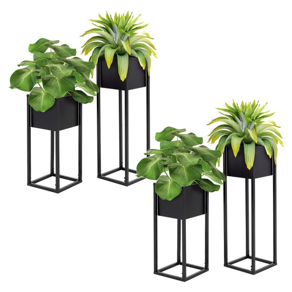 ML-Design Blumenständer im 4er Set Schwarz, 21 x 50/70 x 21 cm, Moderne Blumentopfständer mit Übertopf, Wetterfeste und robuste Pflanzenständer aus Metall, Blumentopfhalter 2-tlg, Pflanztopf Deko
