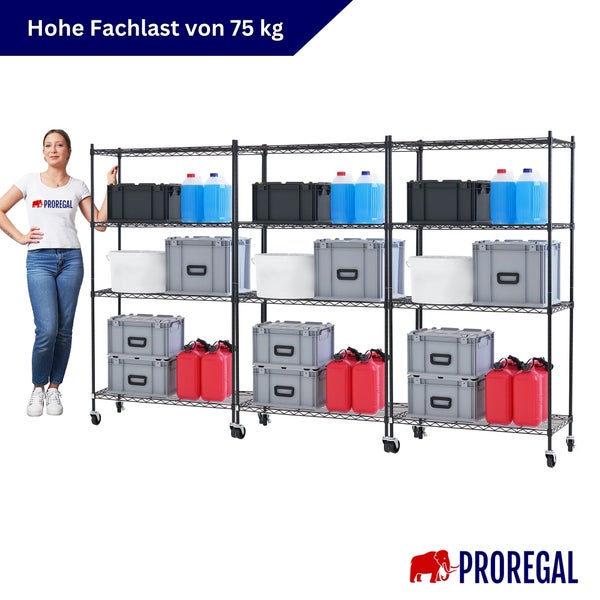 Proregal Gitterregal auf Rollen mit drei Feldern und einer Fachlast von 75 Kilogramm, beladen mit Aufbewahrungsboxen und Kanistern.