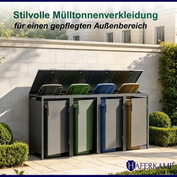 Mülltonnenbox für vier Mülltonnen mit Metallrahmen vor einer Steinmauer im Gartenbereich mit Haferkamp Logo