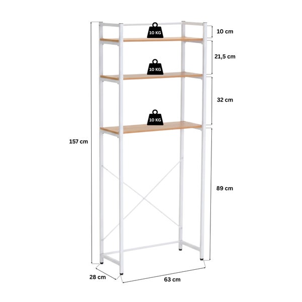 Hohes Standregal mit drei Regalböden aus Holz und Metallrahmen mit Bemaßung sowie Traglastangaben von 10 Kilogramm pro Regalebene.