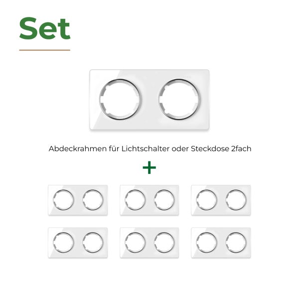 Set mit sechs zweifachen Abdeckrahmen für Lichtschalter oder Steckdosen aus Kunststoff.