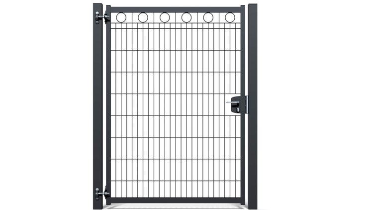 Zauntür ZAUNGURU BASIC-Linie Berlin Kreis aus Metall, Höhe: 183cm, Breite: 150cm, 1-flügelig inkl. Pfosten, Schloss und Zubehör, Feuerverzinkt und zusätzlich in RAL 7016 Anthrazitgrau pulverbeschichtet