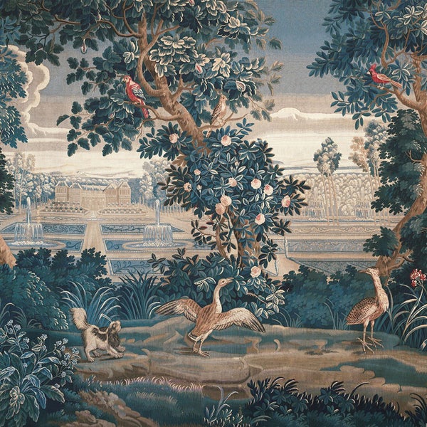 Wandteppich mit Darstellung einer Parklandschaft mit Tieren, Bäumen und einem Gebäude