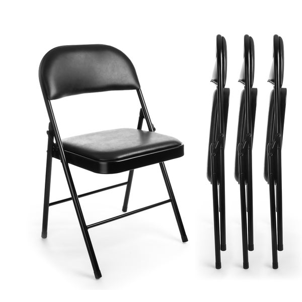 Schwarzer Klappstuhl, ein Stuhl ist aufgebaut, drei Stühle sind zusammengeklappt.