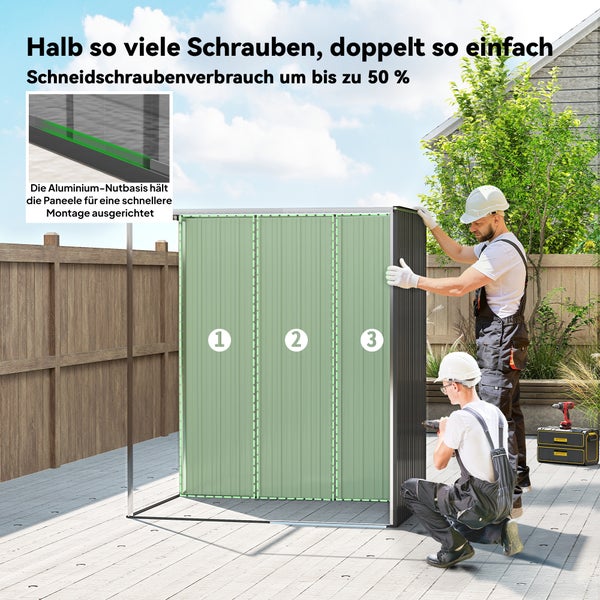 Zwei Personen montieren ein Metallgerätehaus auf einer Terrasse mit einer Aluminium Nutbasis für Paneele.