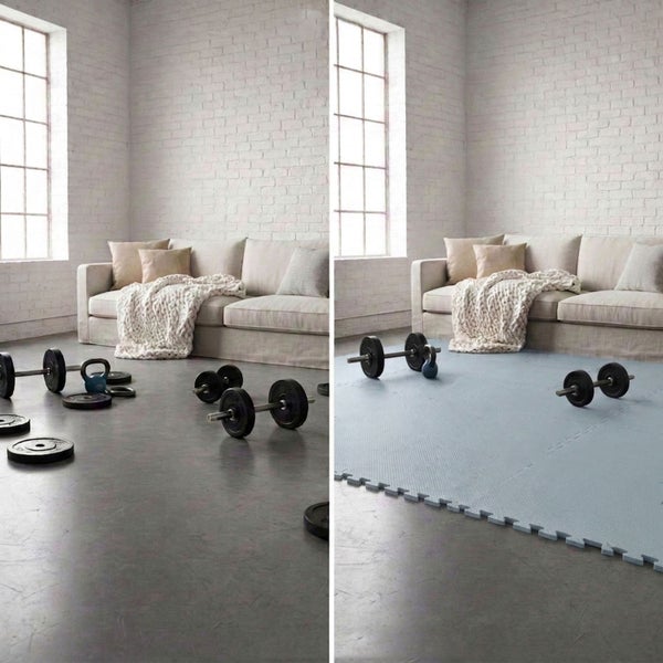 Fitness-Gewichte in einem hellen Wohnzimmer auf einem Betonboden im Vergleich zu einer schützenden Puzzlematte aus Schaumstoff.