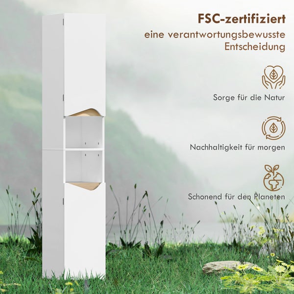 Weißer Bad-Hochschrank mit zwei Türen und offenen Fächern, FSC-zertifiziert für Nachhaltigkeit und Umweltschutz.