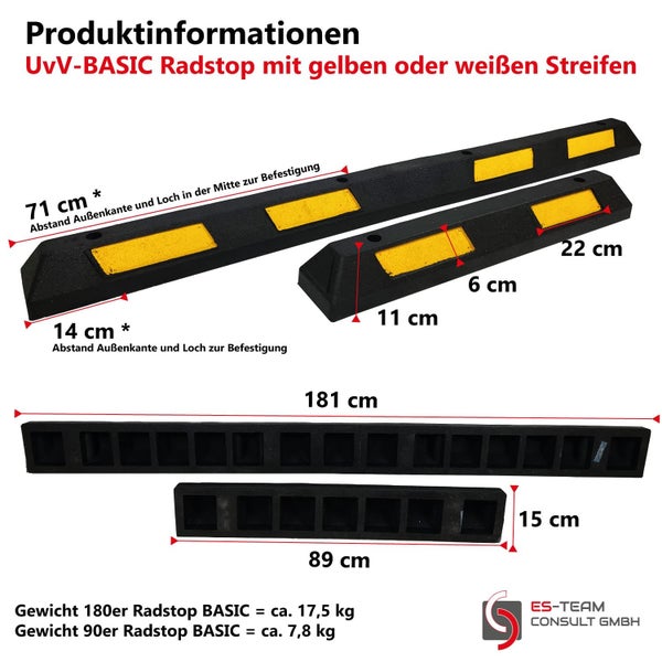 Produktinformationen UvV-BASIC Radstopper mit gelben oder weißen Streifen und Maßangaben