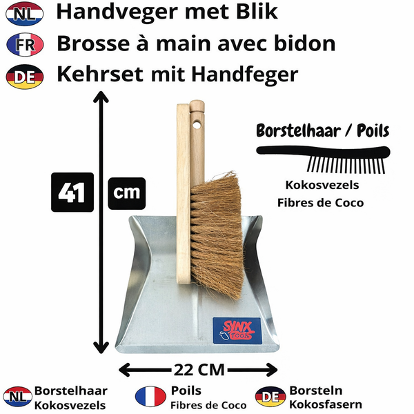 Kehrgarnitur mit Handfeger und Kehrblech aus Metall mit Kokosborsten, circa 41 Zentimeter hoch und 22 Zentimeter breit