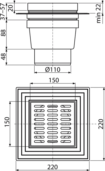 Technische Zeichnung eines Bodenablaufs mit Maßen in Millimeter, Draufsicht und Seitenansicht.