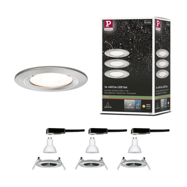 Drei Einbaustrahler Set inklusive Leuchtmittel, schwenkbar, mit Einbaumaßen und Montageanleitung, von Paulmann Licht.
