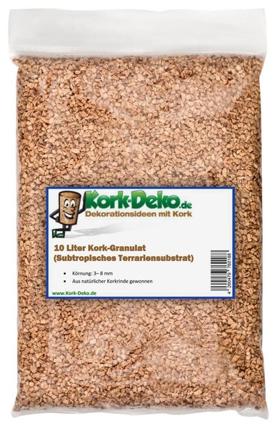 10 Liter Kork-Granulat für Terrarien von Kork-Deko.de, Körnung 3 bis 8 Millimeter, aus natürlicher Korkrinde.