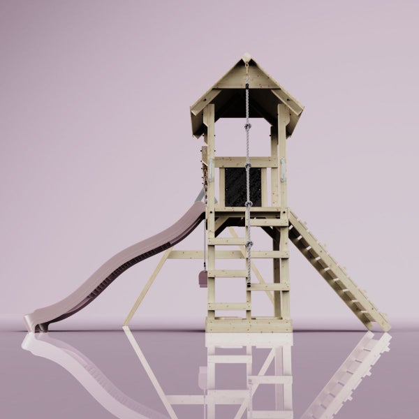 Spielturm mit Rutsche, Kletterwand, Strickleiter und Leiter