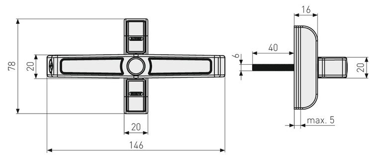 Technische Zeichnung einer ABUS Fensterzusatzsicherung mit Maßangaben in Millimetern: Breite 146, Höhe 78, Stiftlänge 40 und Griffbreite 20.