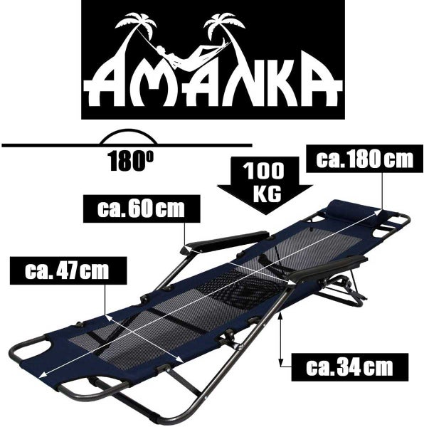 Faltbare Campingliege Freizeitliege | Verstellbare Gartenliege | Liegestuhl mit Nackenstütze | Klappliege in Dunkelblau | Stahlrahmen | Belastbarkeit max. 100KG | 178cm