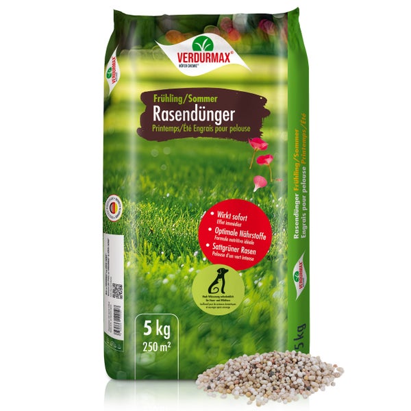 Verpackung Rasendünger für Frühling und Sommer, geeignet für 250 Quadratmeter Fläche, 5 Kilogramm