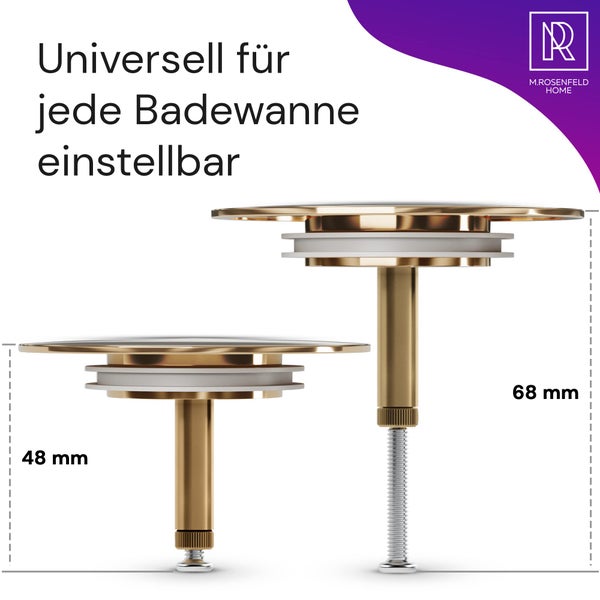 M. ROSENFELD HOME Gold Badewannenstöpsel Ø 72 - Gold Stöpsel Badewanne Gold aus Messing mit Doppel Dichtung - Rostfrei Badewannen Stöpsel Verschluss Badezimmer zubehör