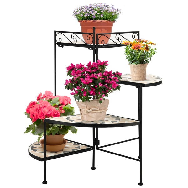 Outsunny Blumenständer 4-Stufe-Blumentreppe faltbar dekorative für Innen und Außen Garten Balkon Metall Keramikfliesen Schwarz+Beige 64 x 64 x 72 cm