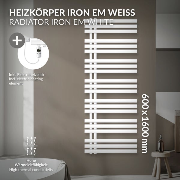 LuxeBath Elektrischer Badheizkörper Iron EM 600x1600 mm Weiß mit Heizstab 1200W Thermostat Digitalanzeige, Handtuchheizkörper mit Heizpatrone, Elektro Handtuchwärmer Paneelheizkörper Designheizkörper
