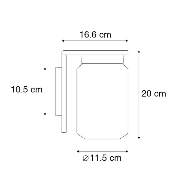 Maßzeichnung Wandleuchte: Höhe 20 Zentimeter, Ausladung 16,6 Zentimeter, Durchmesser 11,5 Zentimeter, Wandhalterung 10,5 Zentimeter.
