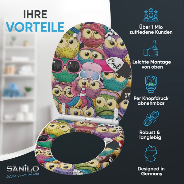 Toilettensitz mit Eulenmotiv, einfache Montage von oben, per Knopfdruck abnehmbar, robust, langlebig, in Deutschland entworfen, Sanilo Logo.