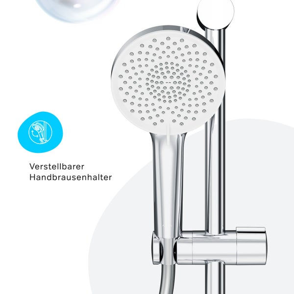 Handbrause mit verstellbarem Brausehalter an einer Duschstange aus Metall für das Badezimmer.