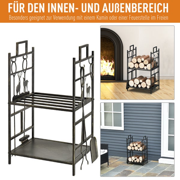 Outsunny Kaminholzständer mit Kaminbesteck, Eisen, 51,5x33x77 cm, Gold