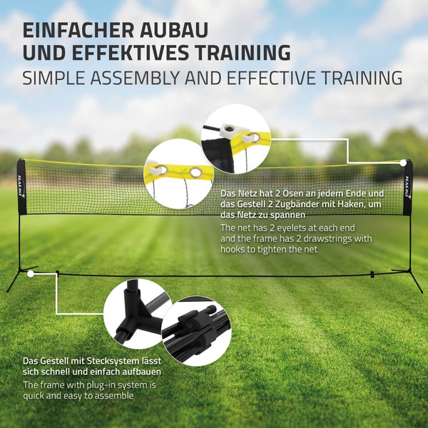 Hauki Badminton Netz, Tennisnetz 500cm, Schwarz, Höhe: 156cm, Federballnetz Set inkl. 3x Federball, Transporttasche, stabilem Eisen-Gestell, Tragbares Volleyballnetz, Trainingsnetz Indoor & Outdoor