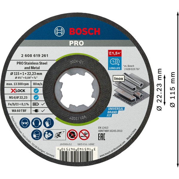 Bosch PRO Stainless Steel and Metal X-Lock Trennscheibe 115 x 1 x 22,23 mm - 2608619261