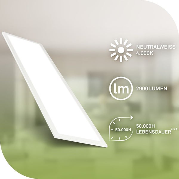 Panel-Leuchte mit den Eigenschaften: Neutralweiß 4000 Kelvin, 2900 Lumen und 50000 Stunden Lebensdauer