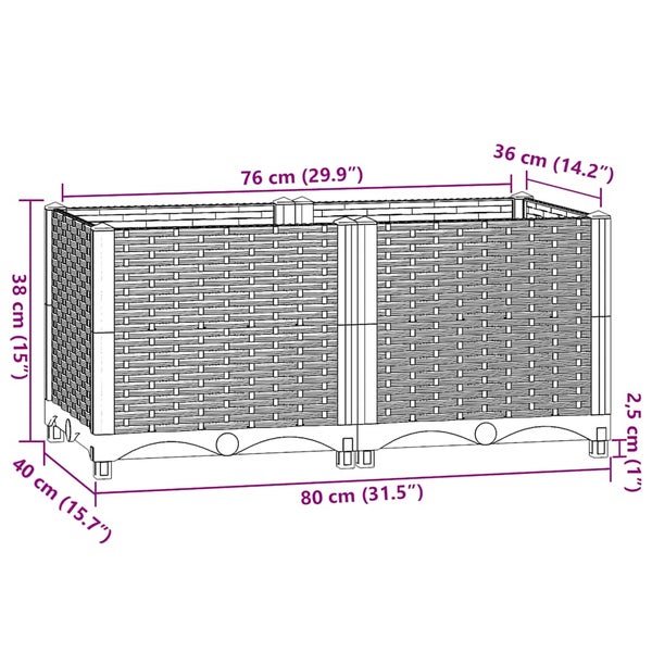 Rechteckiges Hochbeet in Rattan-Optik mit Maßen: 80 Zentimeter Länge, 40 Zentimeter Breite und 38 Zentimeter Höhe.