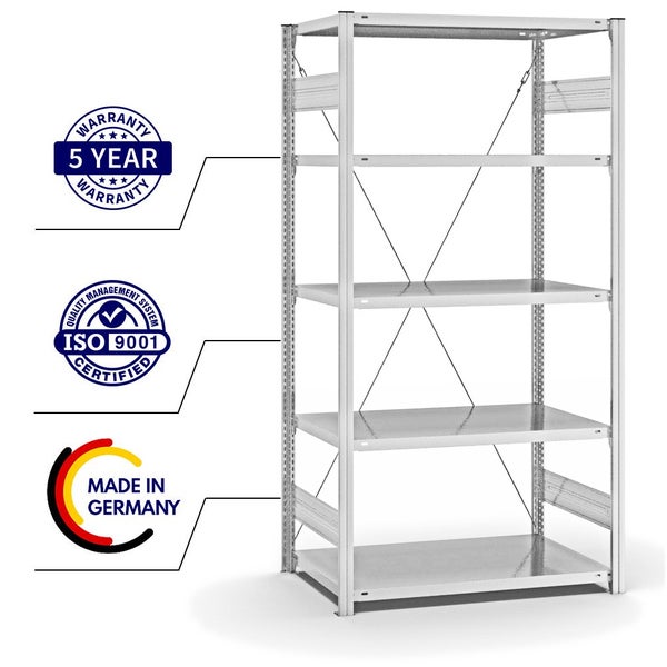 PROREGAL Fachbodenregal Stecksystem T-Profil Medium-Duty Grundregal HxBxT 200 x 100 x 60 cm 5 Ebenen Fachlast 240 kg Einseitig Nutzbar Lichtgrau