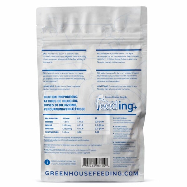 Green House Simple Feeding+ Produktverpackung mit Informationen zu Verdünnungsverhältnissen