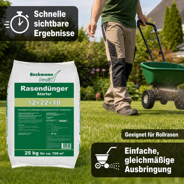 Beckmann Profi Rasendünger Starter 25 Kilogramm im Sack, Gartenmitarbeiter verteilt Dünger mit Streuwagen auf Rasenfläche.