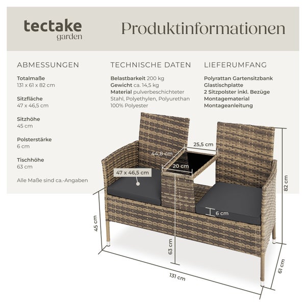 Rattan Gartensitzbank tectake Narbonne 131 x 59 x 82 cm 2-Sitzer natur/dunkelgrau