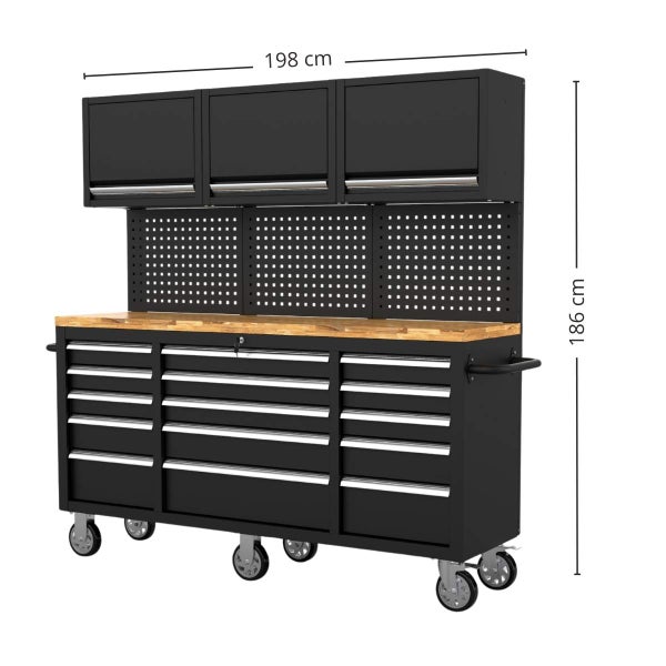 Werkbank mit Schubladenschrank, Lochwand und Oberschränken, Abmessungen 198 mal 186 Zentimeter, Arbeitsplatte aus Holz, Metallgehäuse.