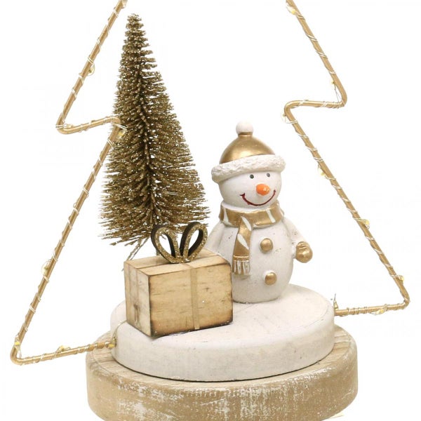 Dekorative Schneemannfigur mit Weihnachtsbaum, Geschenk und Beleuchtung