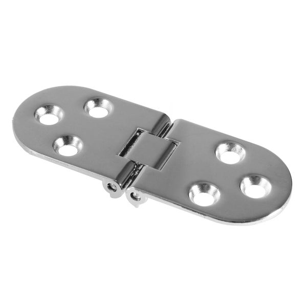 Ein metallisches Scharnier mit vier Senkbohrungen an jeder Seite, geeignet für Möbelbau und Holzarbeiten.