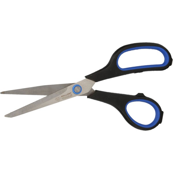 Haushaltsschere aus Edelstahl mit ergonomischem Kunststoffgriff in Schwarz und Blau von Brilliant Tools.