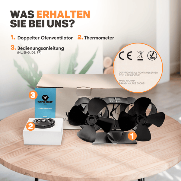 Vulpes Goods Kaminventilator - Für den Holzofen - Doppelter Wärmeventilator - Stromunabhängig - 8 Blätter - 2 Ventilatoren