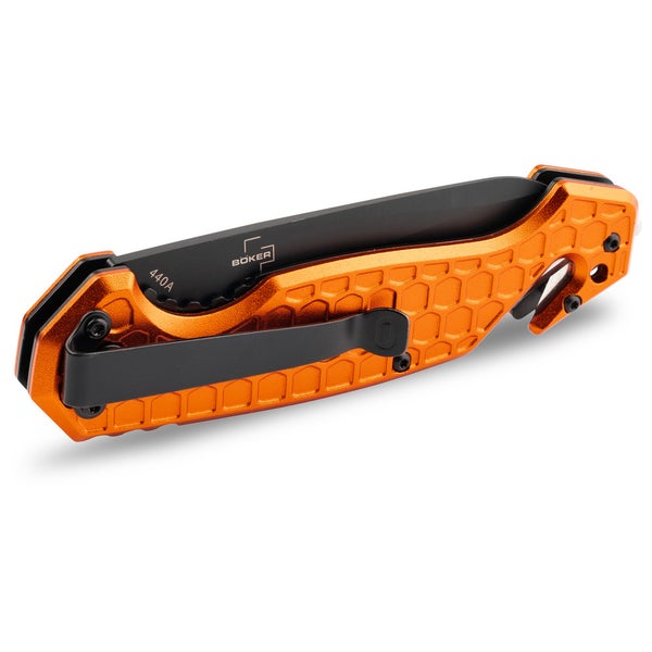 Böker Magnum Rettungsmesser mit 440A-Stahlklinge, Griff mit Wabenstruktur, Gürtelclip, Gurtschneider und Glasbrecher.