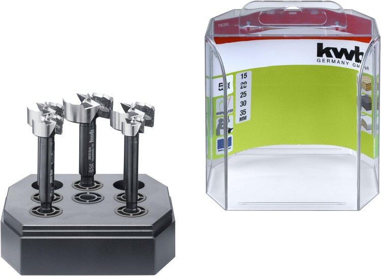 kwb Speed Forstnerbohrer-Set 15 20 25 30 und 35 mm, schnelles Bohren in allen Hölzern, Bohrer-Satz zur Holzbearbeitung, DIN 7483 G, mit 8 mm Schaft, insb. für Akku-Schrauber und Akku-Bohrschrauber