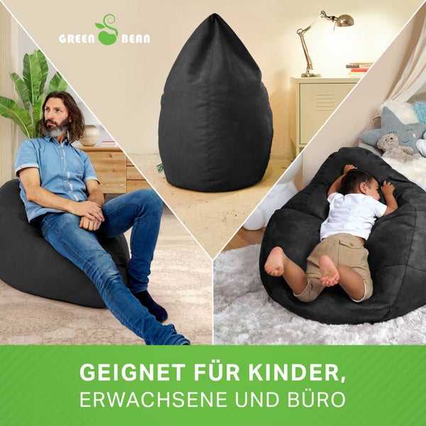 Green Bean Sitzsack mit Rückenlehne 60x60x90cm - Indoor Sitzkissen 220L Füllung Kuschelig Waschbar - Bean Bag Bodenkissen Lounge Chair Sitzhocker - Schwarz